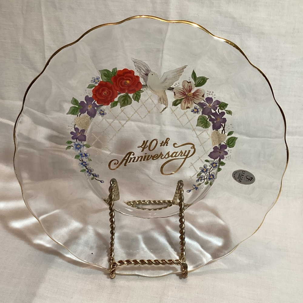40th Anniversary Fenton Art Glass Decorative Plate Floral Design Glitter Sticker